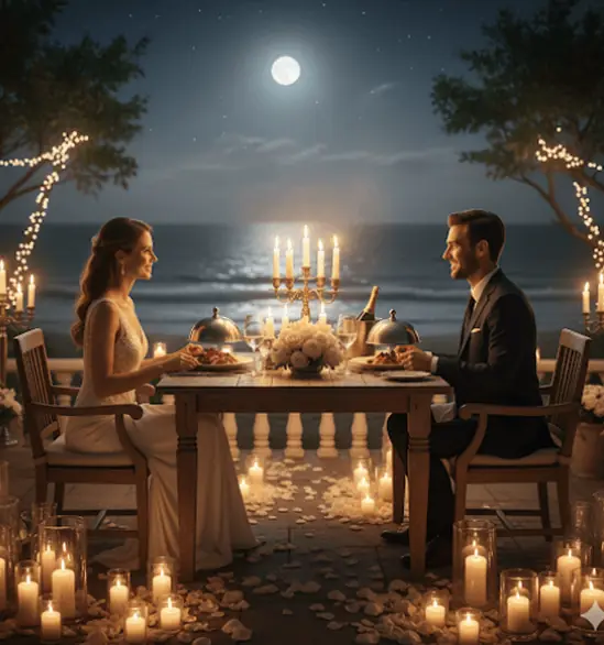 Jantar romântico à luz de velas